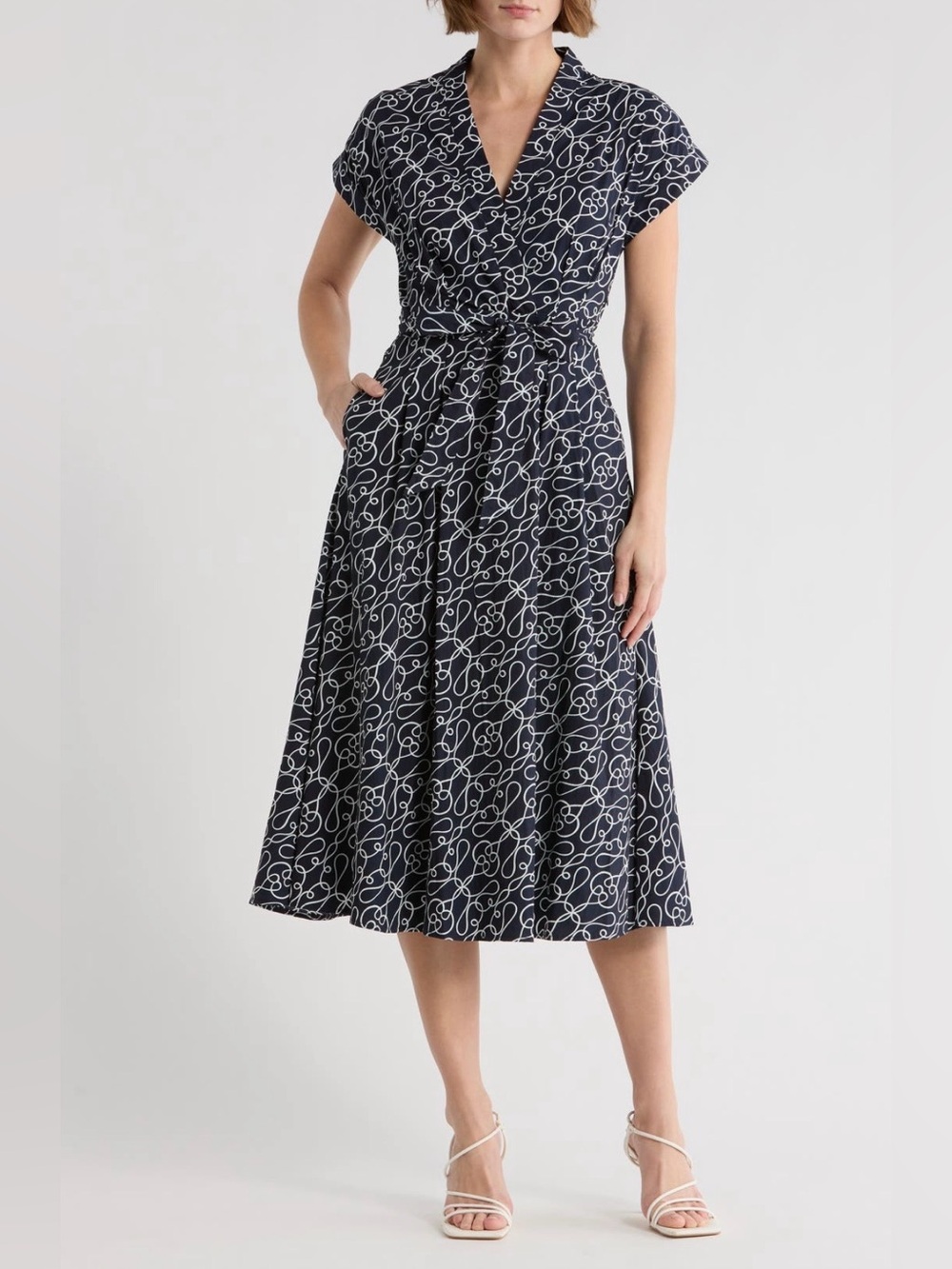 Tahari Navy and White Abstract Wrap-Style Midi Dress